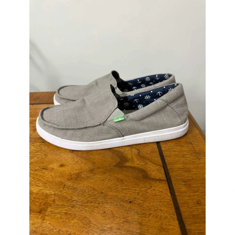 Sanuk Mens 9 Grey Canvas Slip On Loafers Nautical‎ Anchor Print Lining C